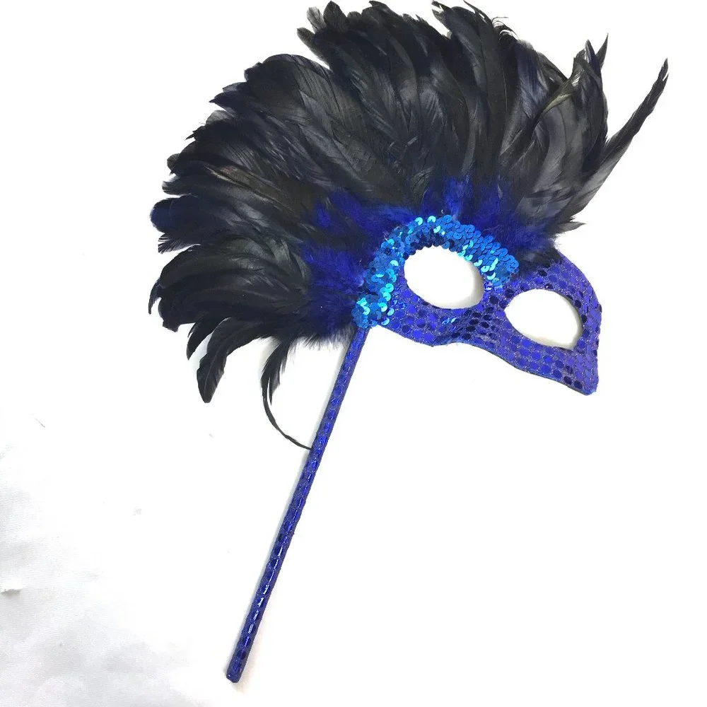 VENETIAN Mask Harlequin Blue Sequin w Black Feathers w/ Handle * NWOT NOS